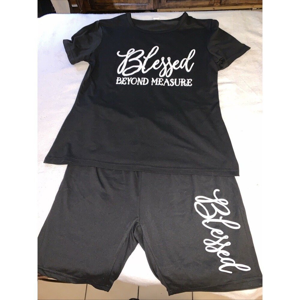 Women's Casual Top W Shorts Blk Blessed Beyond Measure Sz OXL 2 Pc Poly/Spandex